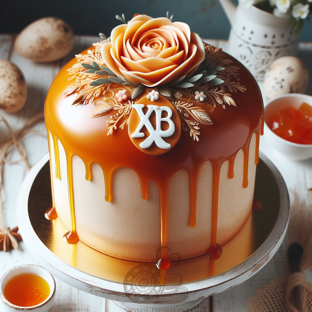 Кулич с карамельной заливкой и декором из пластичного шоколада.